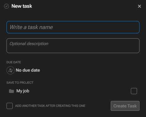 New task modal window